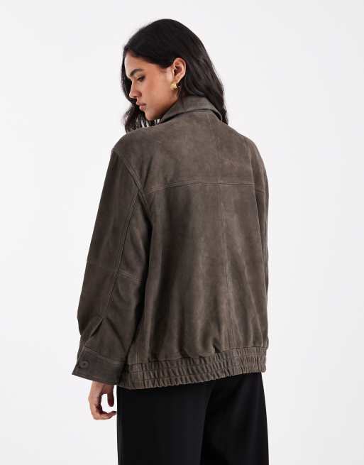 ASOS DESIGN - Bomber oversize in vero camoscio color oliva, 2 di 4