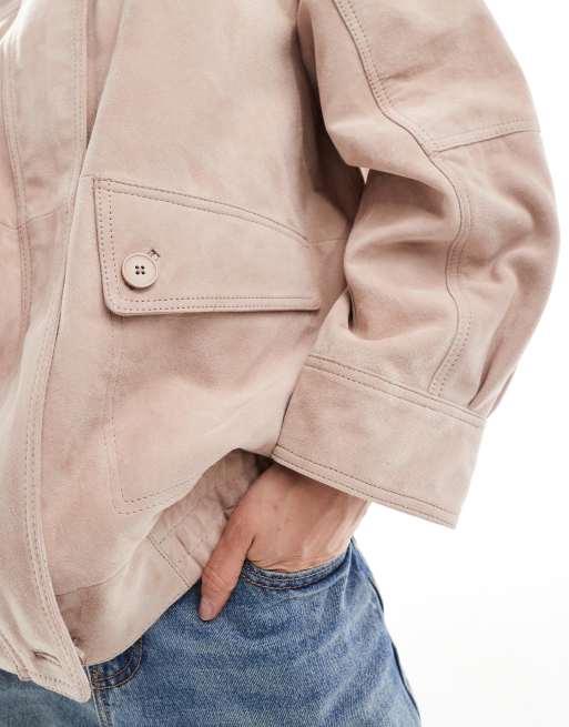 ASOS DESIGN - Bomber oversize rosa polvere in vero camoscio, 4 di 4