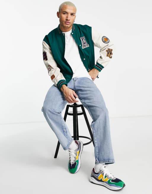 ASOS DESIGN - Bomber oversize style universitaire en coton - Vert et écru