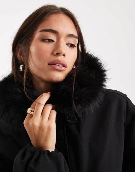 ASOS DESIGN bomber parka jacket with faux fur hood in black