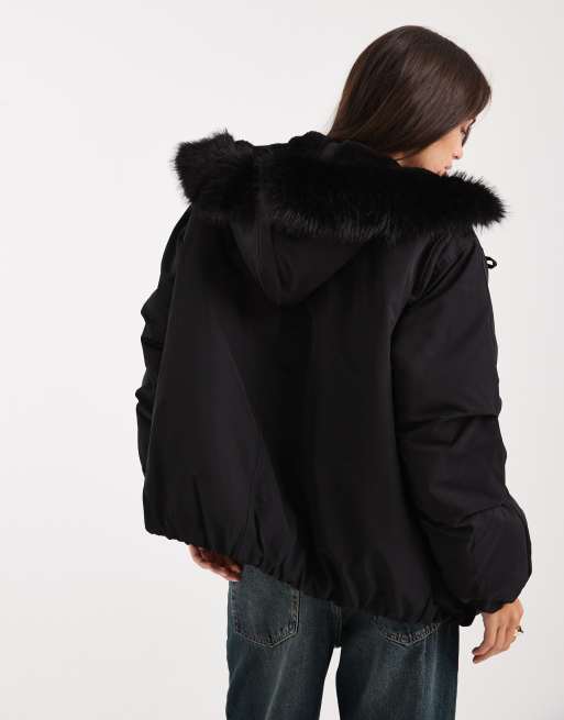 ASOS DESIGN bomber parka jacket with faux fur hood in black