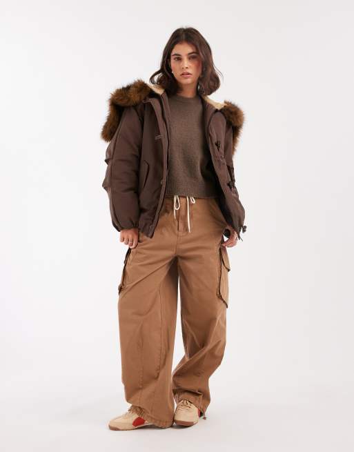 ASOS DESIGN bomber parka with toggle detail in brown
