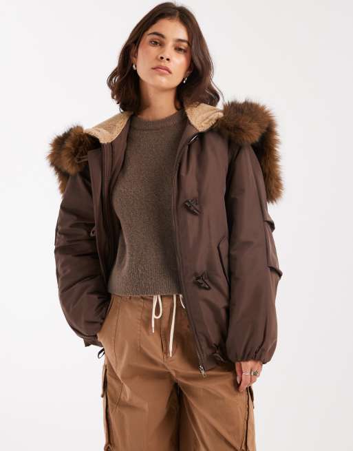 ASOS DESIGN bomber parker with toggle detailing in brown