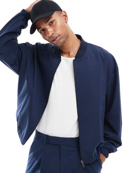 ASOS DESIGN bomber smart jacket with pocket detailing in navy (part of a set)