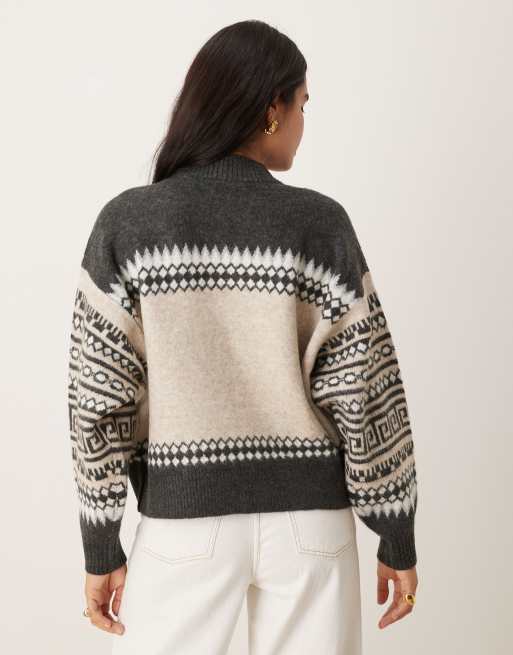 ASOS DESIGN – Bomber-Strickjacke in Grau mit Rentier-Norwegermuster, 3 von 4