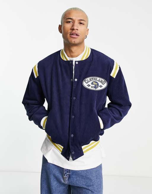 ASOS DESIGN - Bomber style universitaire en velours côtelé à bords contrastants - Bleu marine, 4 de 4