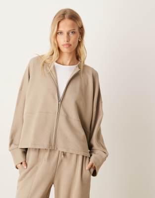 ASOS DESIGN - Bomber-Sweatjacke in Khaki mit Reißverschluss, Kombiteil-Grün
