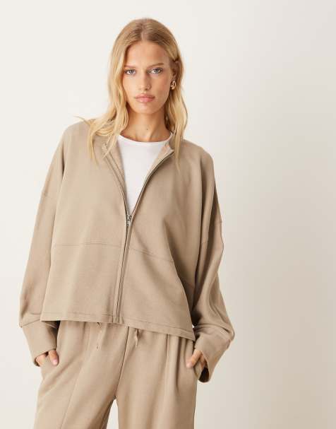 ASOS DESIGN – Bomber-Sweatjacke in Khaki mit Reißverschluss, Kombiteil - view 1