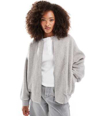 ASOS DESIGN - Bomber-Sweatshirt aus Teddy-Fleece in Grau-Neutral