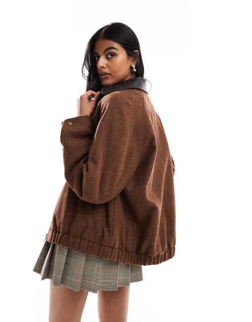 ASOS DESIGN - Bomber traditionnel en laine mélangée avec col en cuir - Chocolat, 3 de 4