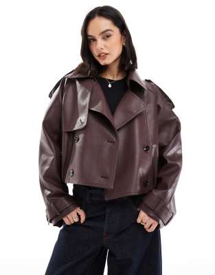 ASOS DESIGN - Bomber-Trenchcoat in schokobrauner Lederoptik