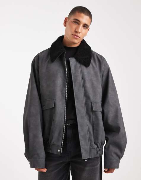 ASOS DESIGN bomber with contrast borg collar in grey - view 1