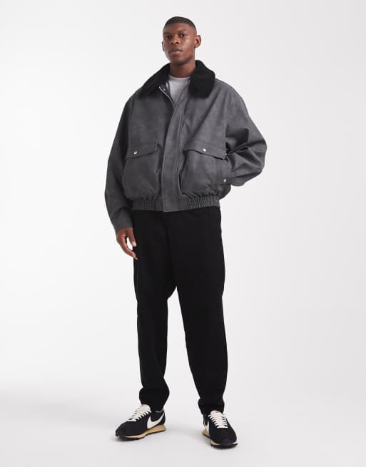 ASOS DESIGN bomber with contrast borg collar in grey, 2 of 5