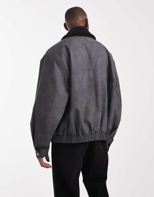 ASOS DESIGN bomber with contrast borg collar in grey, 3 of 5