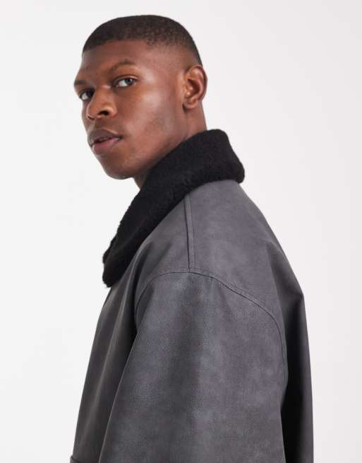 ASOS DESIGN bomber with contrast borg collar in grey, 4 of 5