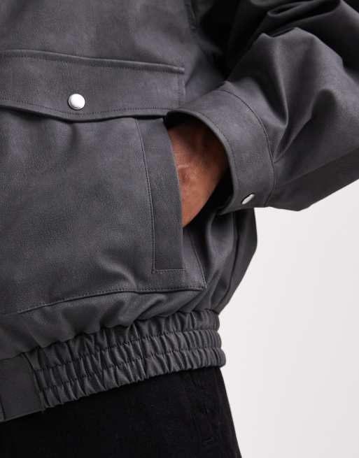 ASOS DESIGN bomber with contrast borg collar in grey, 5 of 5