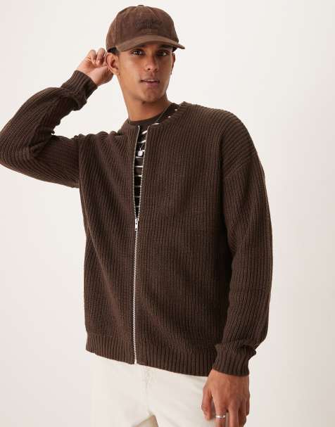 ASOS DESIGN - Bomber zippé décontracté en maille à côtes anglaises - Marron - view 1