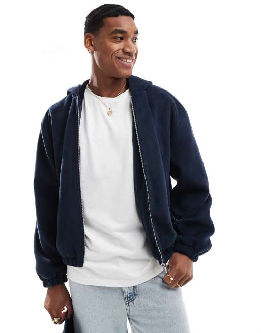 ASOS DESIGN - Bomberjack in wollook met capuchon in marineblauw