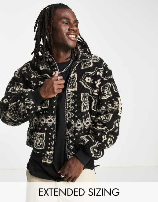 ASOS DESIGN - Bomberjack van borg met print in zwart