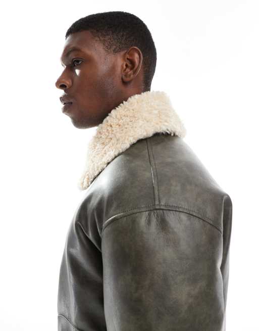 ASOS DESIGN - Bomberjack van imitatieleer met contrasterende borgkraag in donkergroen, 3 van 5