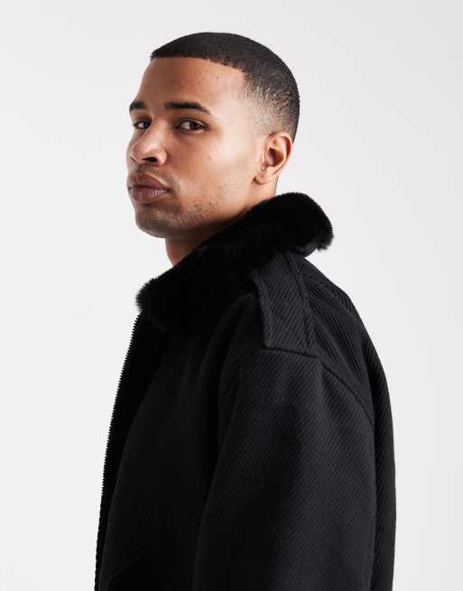 ASOS DESIGN - Bomberjack van wolmix met kraagje van imitatiebont in zwart, 4 van 5