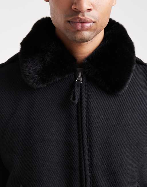 ASOS DESIGN - Bomberjack van wolmix met kraagje van imitatiebont in zwart, 5 van 5