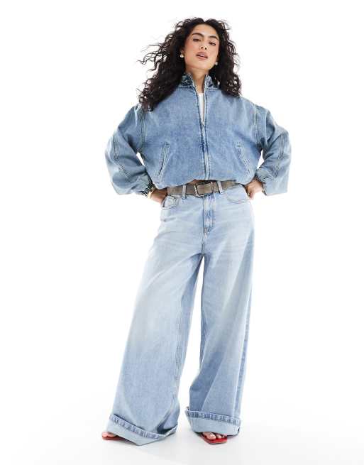 ASOS DESIGN – Bomberjacka i denim med volangkrage och mellanblå tvätt, 3 av 4