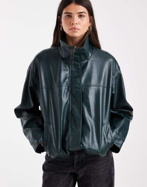 ASOS DESIGN bomberjacka i läderlook med ståkrage i mörkgrönt - view 1