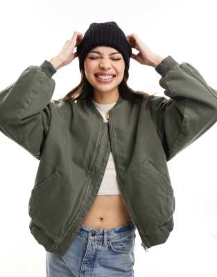 ASOS DESIGN - Bomberjacke aus Denim in Khaki-Grün