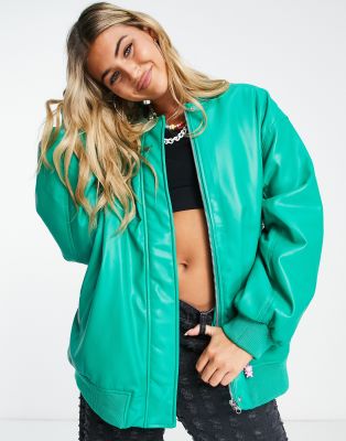 ASOS DESIGN - Bomberjacke aus Kunstleder in Grün-Blau