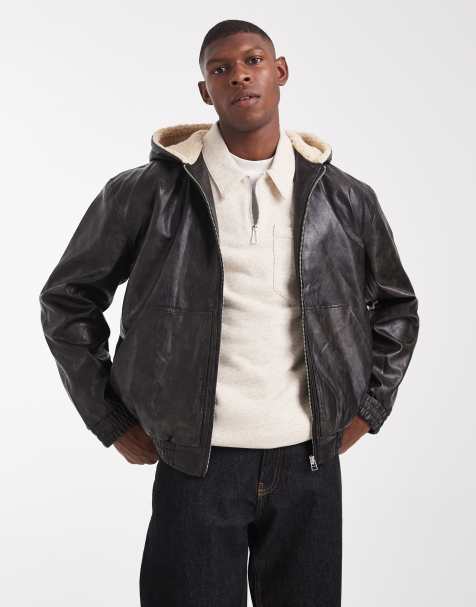 ASOS DESIGN – Bomberjacke aus Kunstleder in Schwarz mit Kapuze mit Teddyfellfutter - view 1