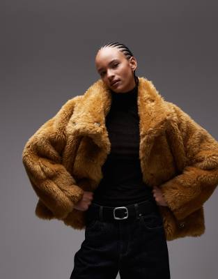 ASOS DESIGN - Bomberjacke aus Kunstpelz in Ocker mit Ballonsaum-Orange