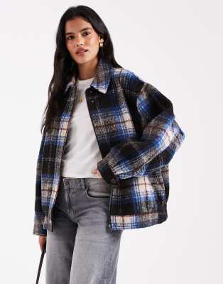ASOS DESIGN - Bomberjacke in blau und schwarz kariert mit Wollanteil und Kragen-Marineblau