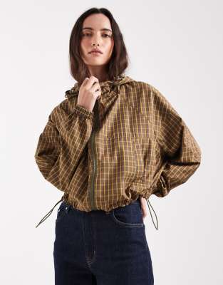 Bomberjacke in Grün und Blau kariert mit Kapuze und Ballonsaum-Brown Brown S