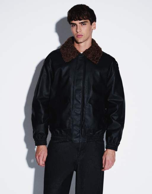 ASOS DESIGN Bomberjacke in Lederoptik mit Kontrastkragen in Schwarz, 5 von 5
