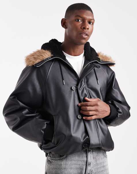 ASOS DESIGN – Bomberjacke in Schwarz mit Oversize-Schnitt und Kapuze mit Kunstpelz - view 1