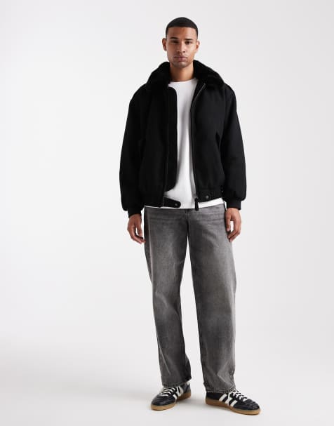ASOS DESIGN – Bomberjacke in schwarzer Wolloptik mit Kunstpelz-Kragen - view 1
