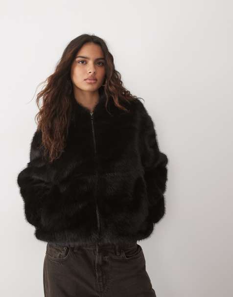 ASOS DESIGN bomberjakke med lynlås og imiteret pels i sort/brun - view 1