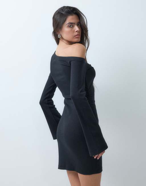 ASOS DESIGN bomuldsribbet minikjole med asymmetrisk snit i sort, 5 af 5