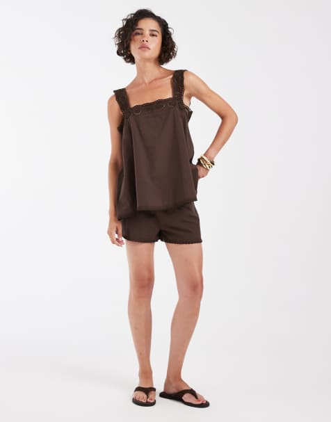 ASOS DESIGN bomullsset med shorts med spetskant i chokladbrun - view 1