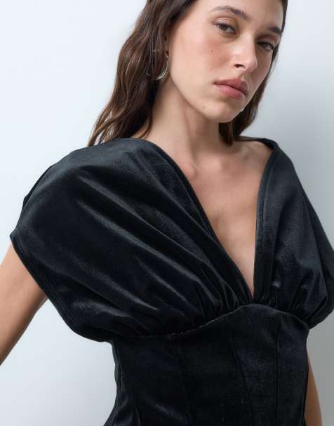 ASOS DESIGN bondad sammets­topp med markerad midja och drapering i svart - view 1