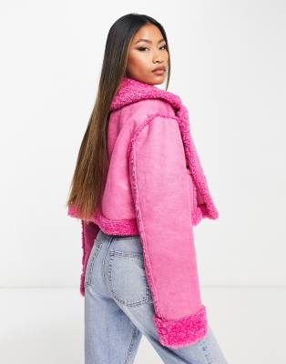 ASOS DESIGN bonded borg cropped aviator jacket in pink