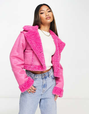 ASOS DESIGN bonded borg cropped aviator jacket in pink