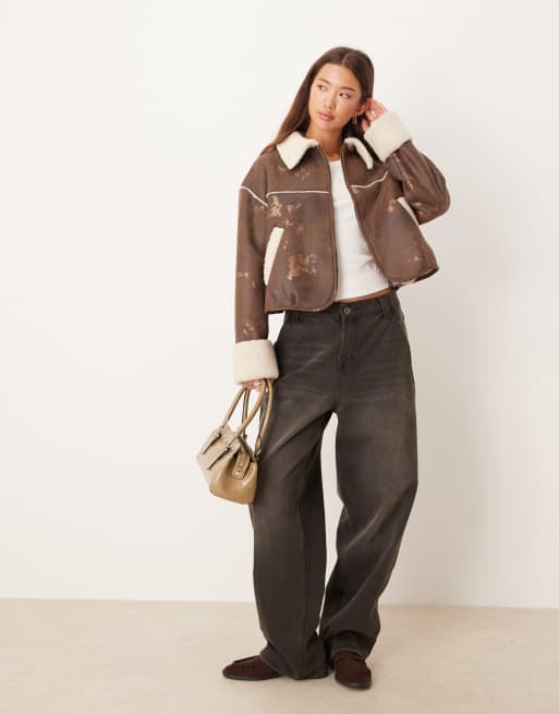 ASOS DESIGN bonded borg fleece zip up cropped jacket in brown and cream