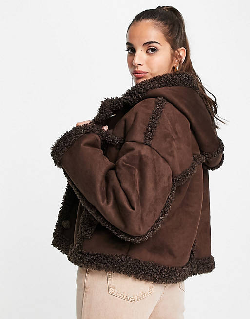 Coats & Jackets bonded borg jacket with hood in brown 