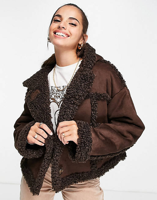 Women bonded borg jacket with hood in brown 