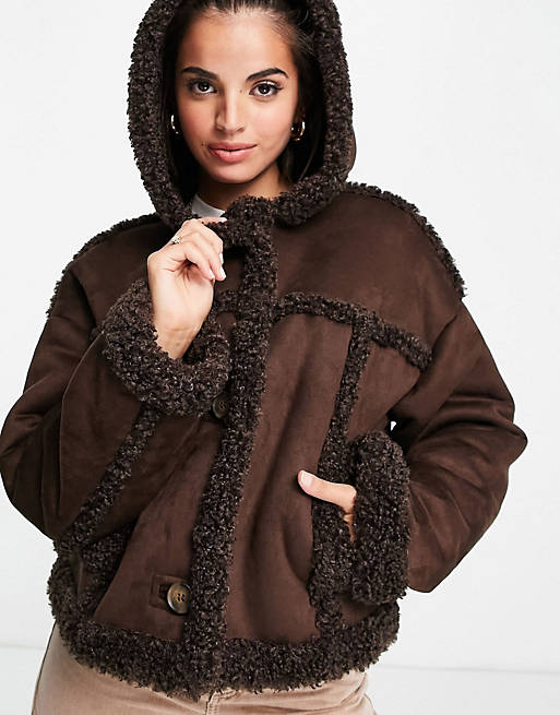 Coats & Jackets bonded borg jacket with hood in brown 