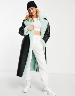 ASOS DESIGN bonded borg trench coat in black and mint - ASOS Price Checker