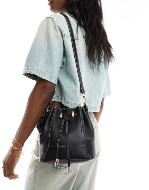 ASOS DESIGN bonded bucket bag with contrast stitch and removable crossbody strap in black, 2 of 4