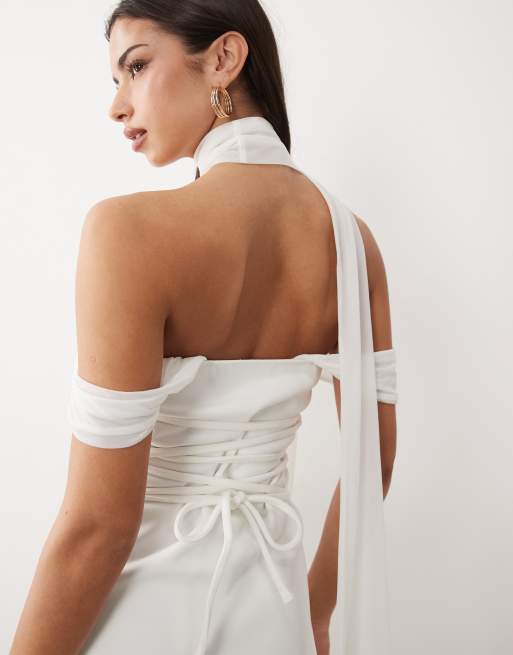 dress with sheer scarf TFNC Bridesmaid chiffon sheer scarf detail maxi dress with sheer skirt in  butter lemon
